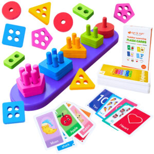 Wooden Sorting and Stacking Puzzle with Flash Cards (Early Learning Set) – Purple Color