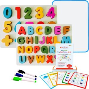 Wooden Alphabet and Numbers Puzzle with Whiteboard and Tracing Cards (Multicolor Learning Set)