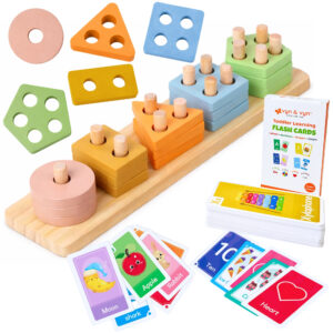 Wooden Shape Sorting and Stacking Puzzle with Flash Cards (Early Learning Set) – Multicolor