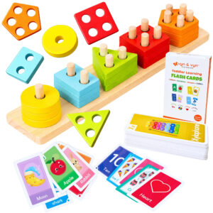 Wooden Sorting & Stacking Puzzle with Flash Cards (Early Learning Set) – Rainbow Color