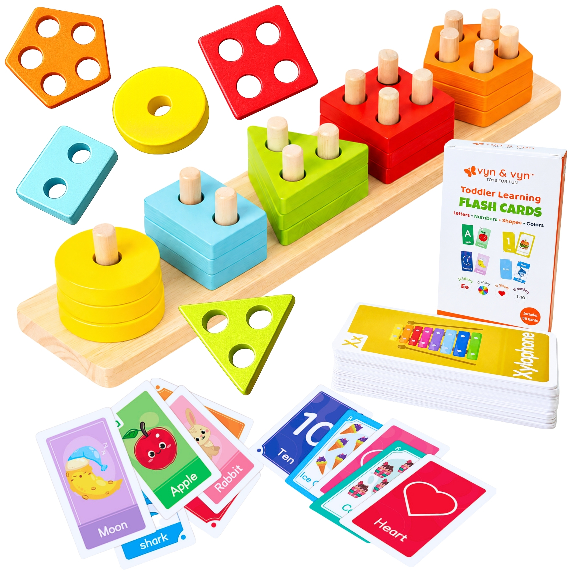 Wooden Sorting & Stacking Puzzle with Flash Cards (Early Learning Set) – Rainbow Color