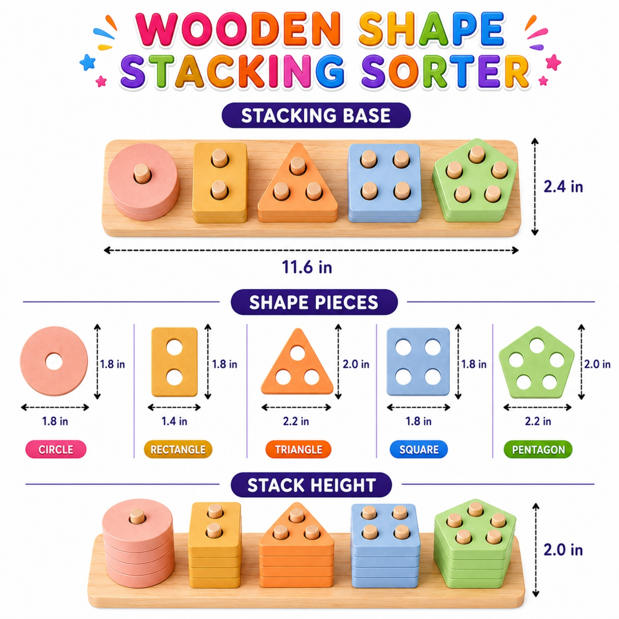 Wooden Shape Sorting and Stacking Puzzle with Flash Cards (Early Learning Set) – Multicolor - Image 2