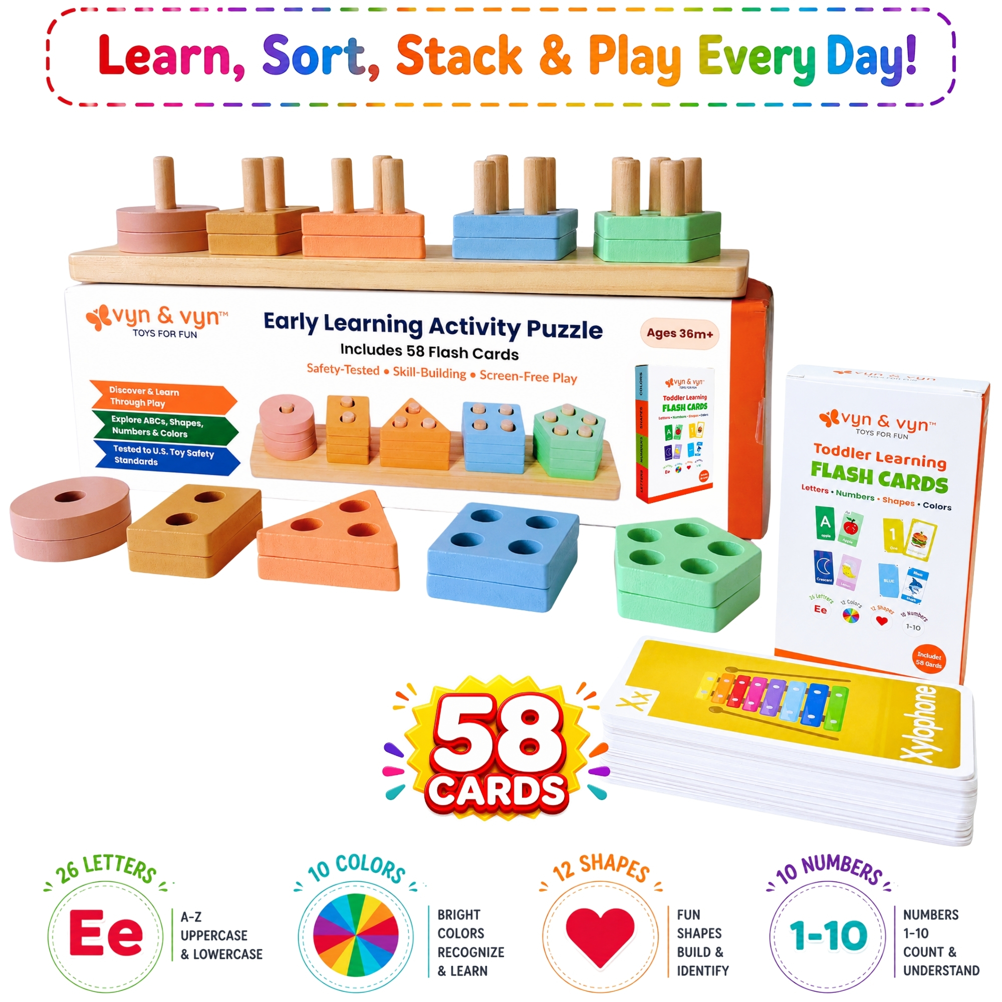 Wooden Shape Sorting and Stacking Puzzle with Flash Cards (Early Learning Set) – Multicolor - Image 9