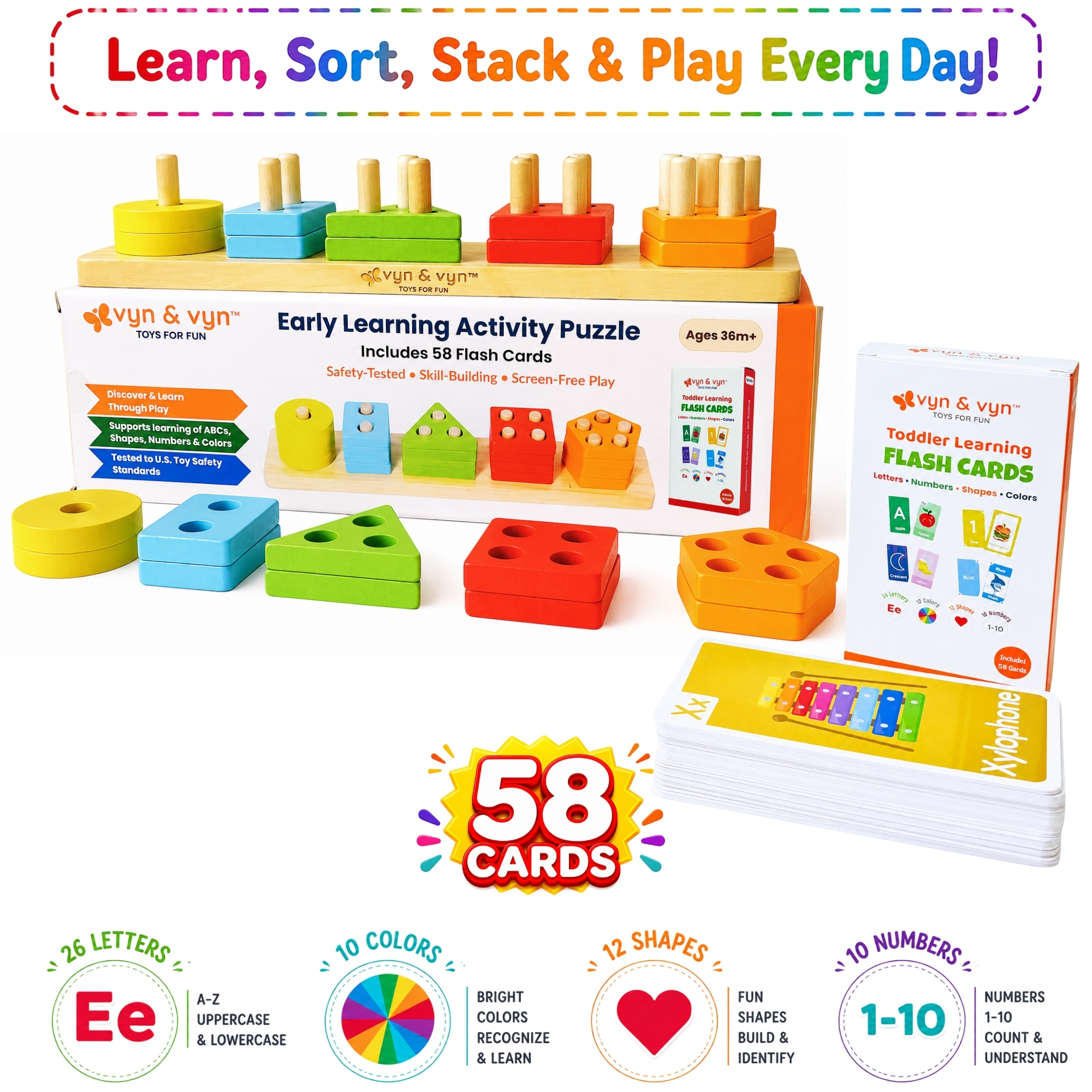 Wooden Sorting & Stacking Puzzle with Flash Cards (Early Learning Set) – Rainbow Color - Image 9