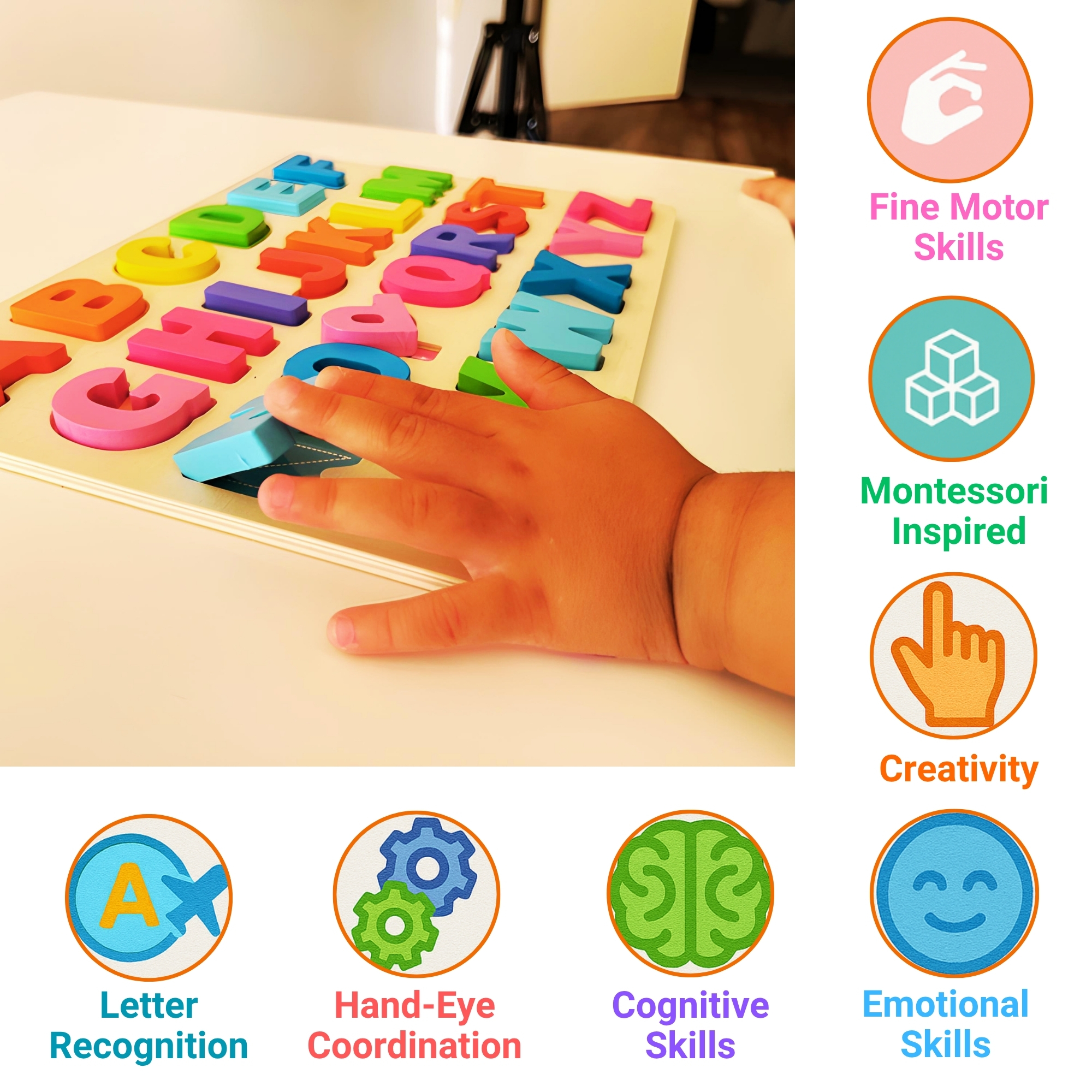 Wooden Alphabet Puzzle Board (A–Z Learning Toy) – Rainbow Color - Image 3