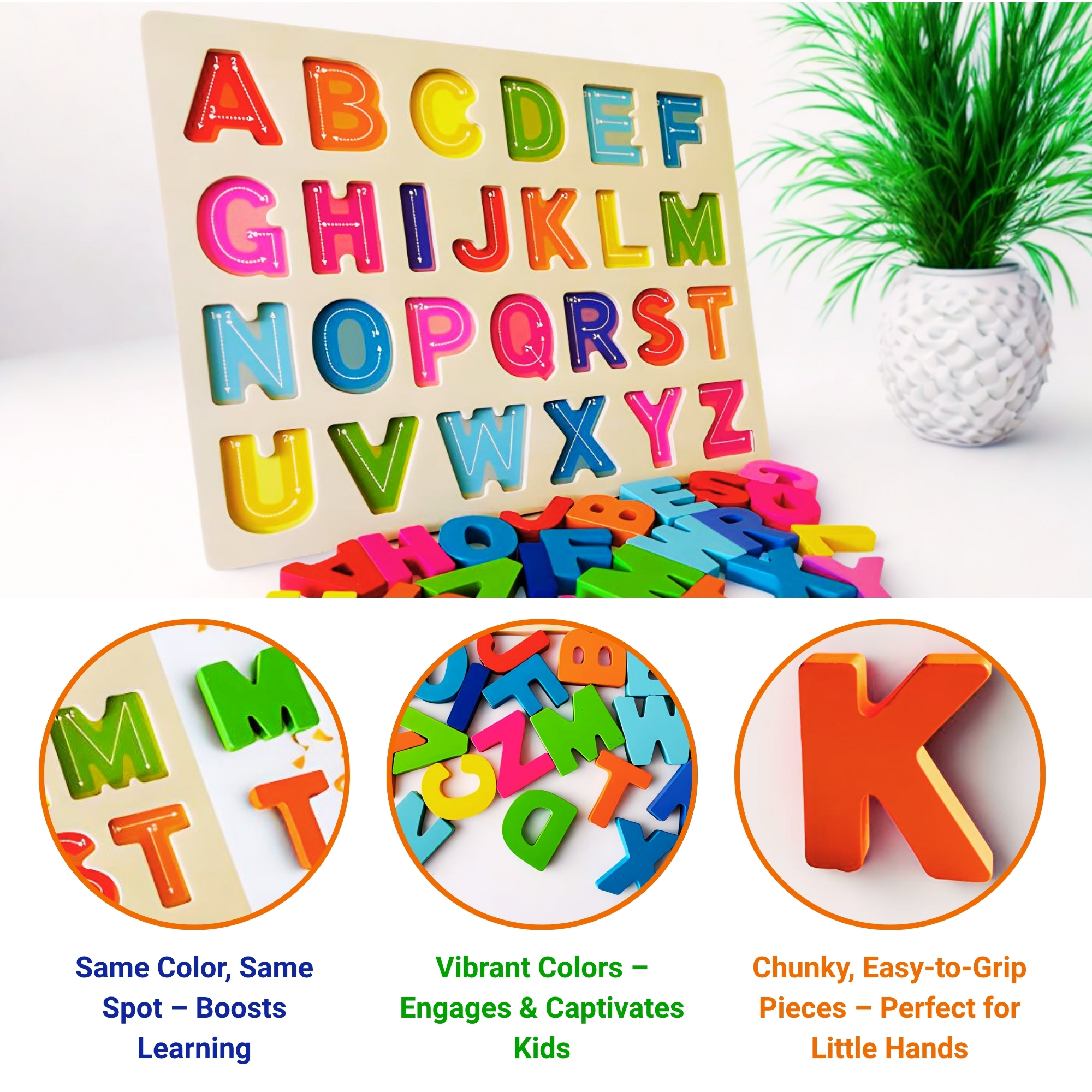 Wooden Alphabet Puzzle Board (A–Z Learning Toy) – Rainbow Color - Image 4