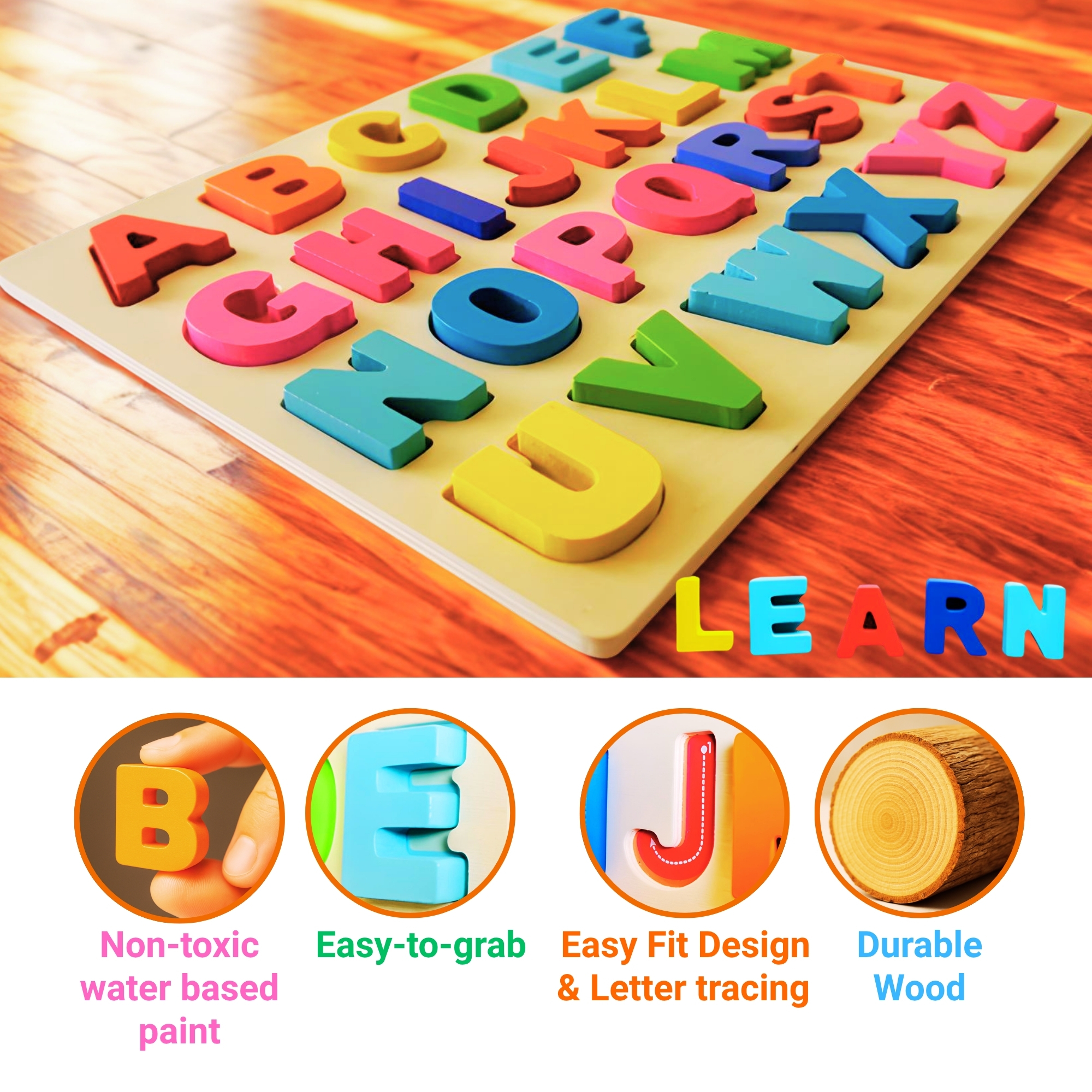 Wooden Alphabet Puzzle Board (A–Z Learning Toy) – Rainbow Color - Image 5