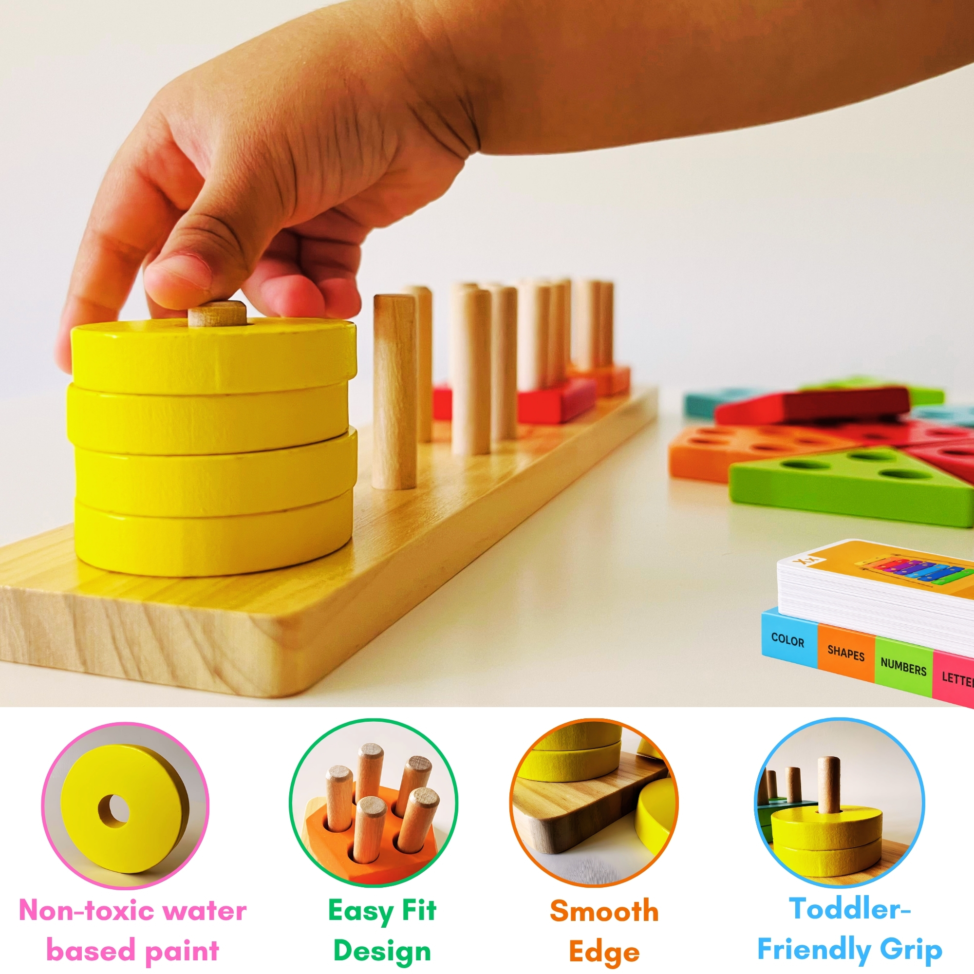 Wooden Sorting & Stacking Puzzle with Flash Cards (Early Learning Set) – Rainbow Color - Image 8