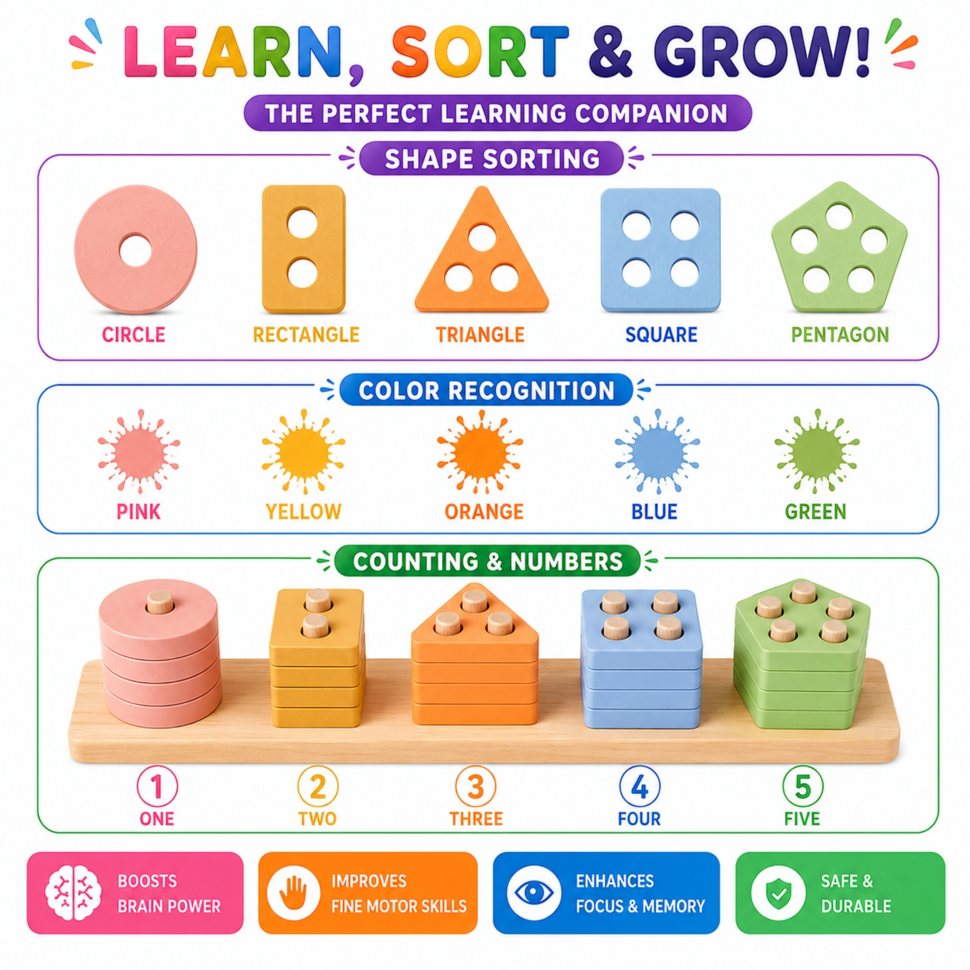 Wooden Shape Sorting and Stacking Puzzle with Flash Cards (Early Learning Set) – Multicolor - Image 4