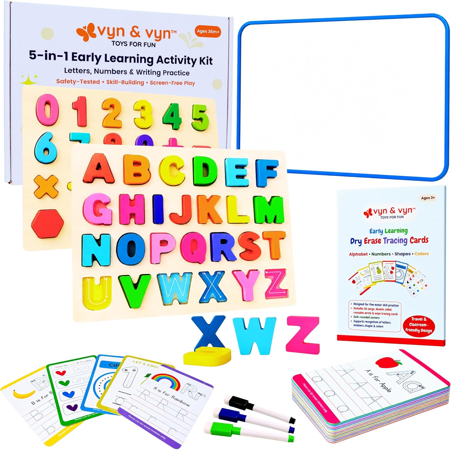 Wooden Alphabet and Numbers Puzzle with Whiteboard and Tracing Cards (Rainbow Learning Set)