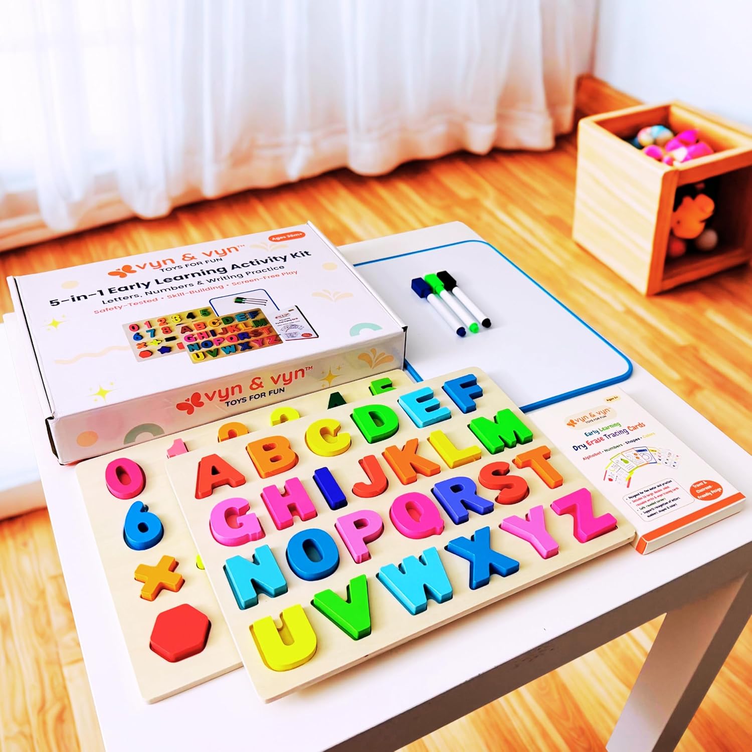 Wooden Alphabet and Numbers Puzzle with Whiteboard and Tracing Cards (Rainbow Learning Set) - Image 2