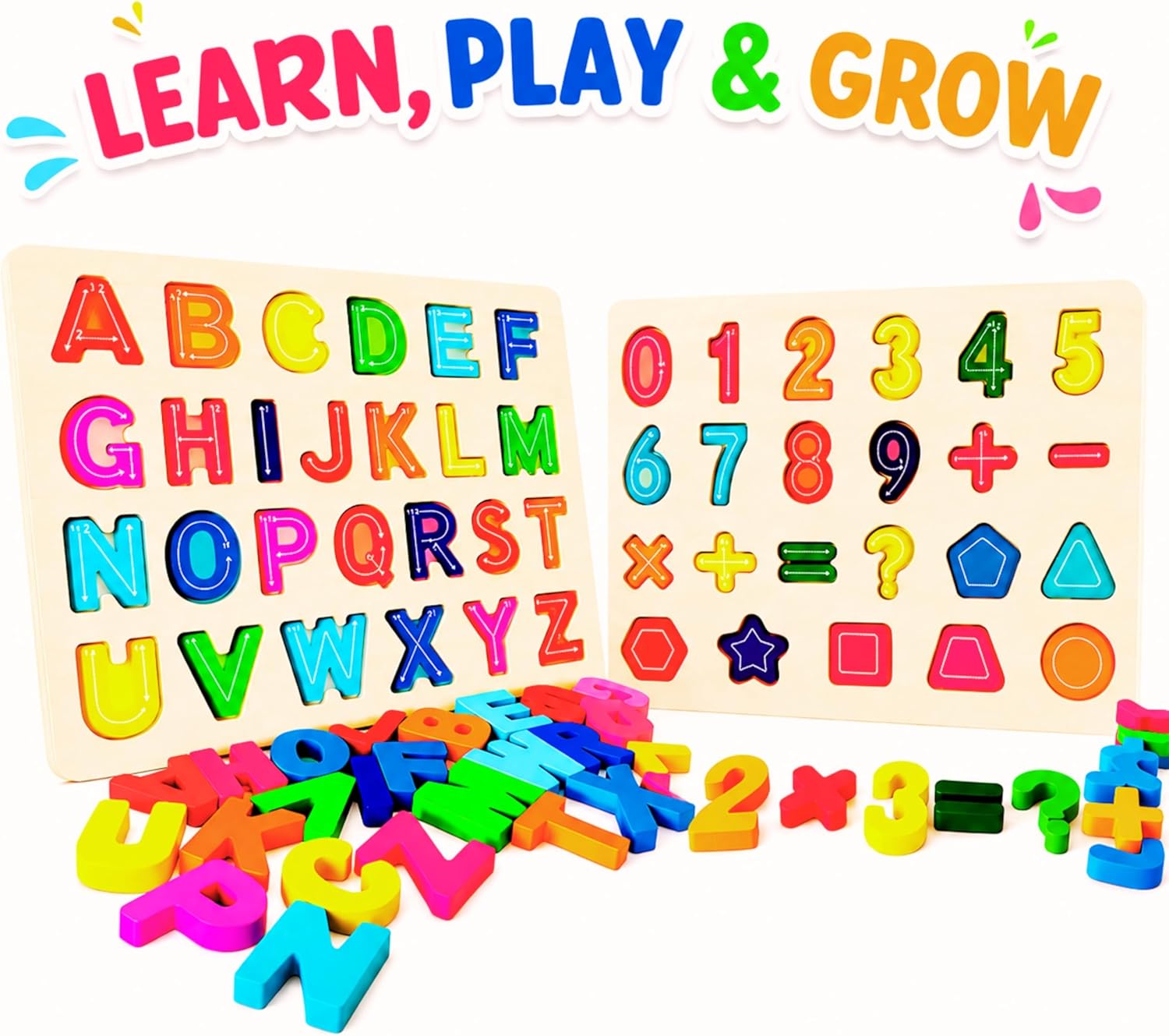 Wooden Alphabet and Numbers Puzzle with Whiteboard and Tracing Cards (Rainbow Learning Set) - Image 3