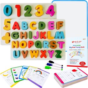 Wooden Alphabet and Numbers Puzzle with Whiteboard and Tracing Cards (Multicolor Learning Set)