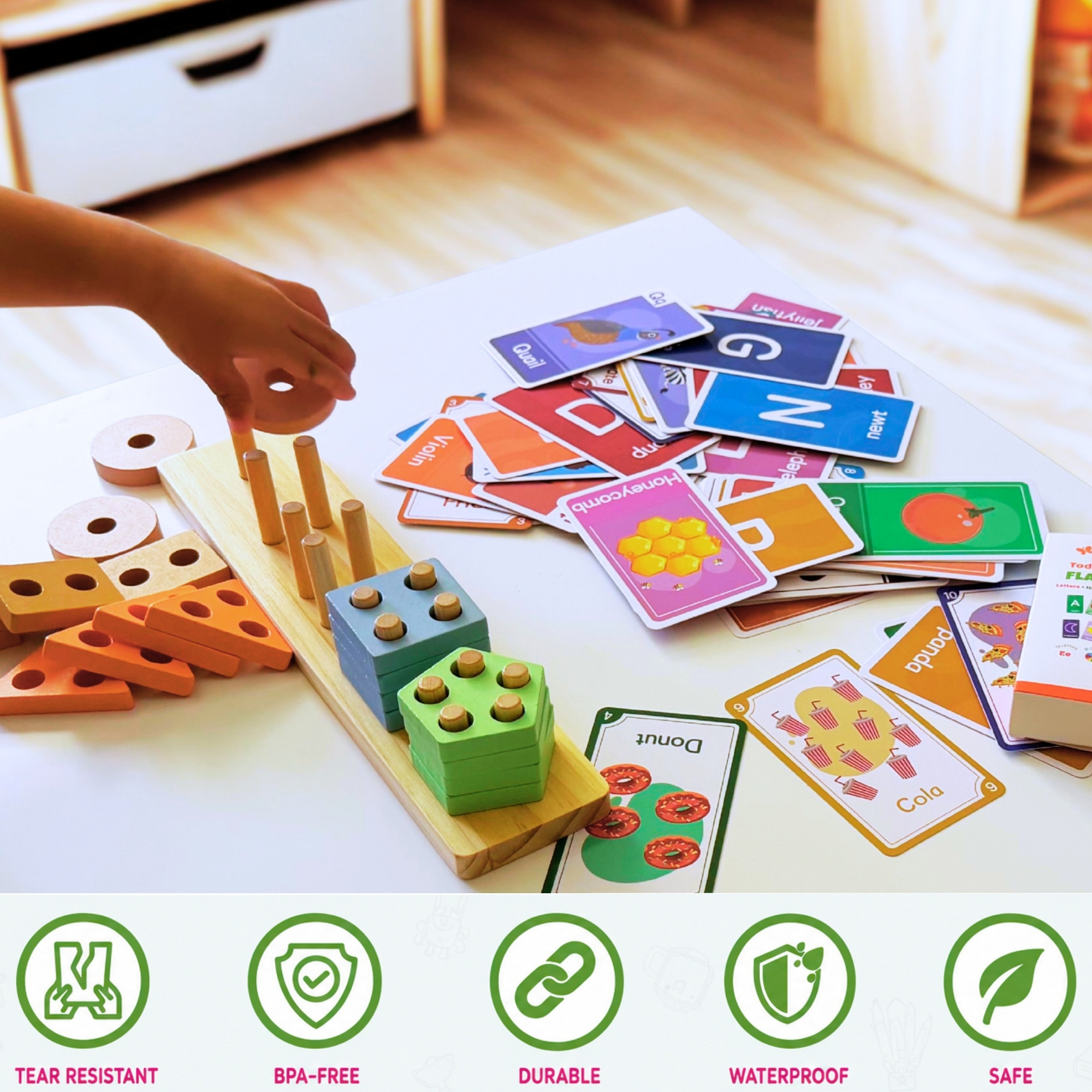 Wooden Shape Sorting and Stacking Puzzle with Flash Cards (Early Learning Set) – Multicolor - Image 3