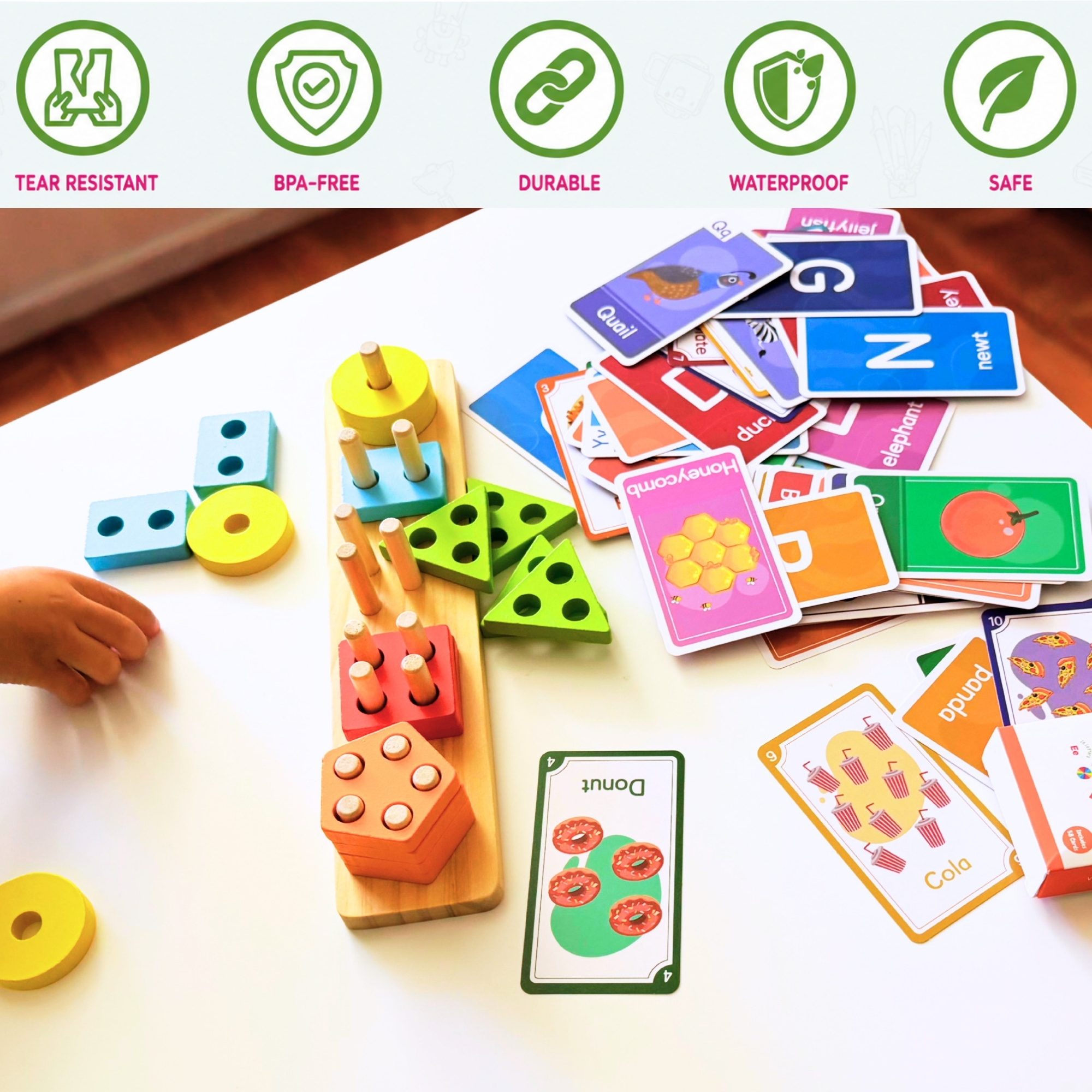 Wooden Sorting & Stacking Puzzle with Flash Cards (Early Learning Set) – Rainbow Color - Image 3