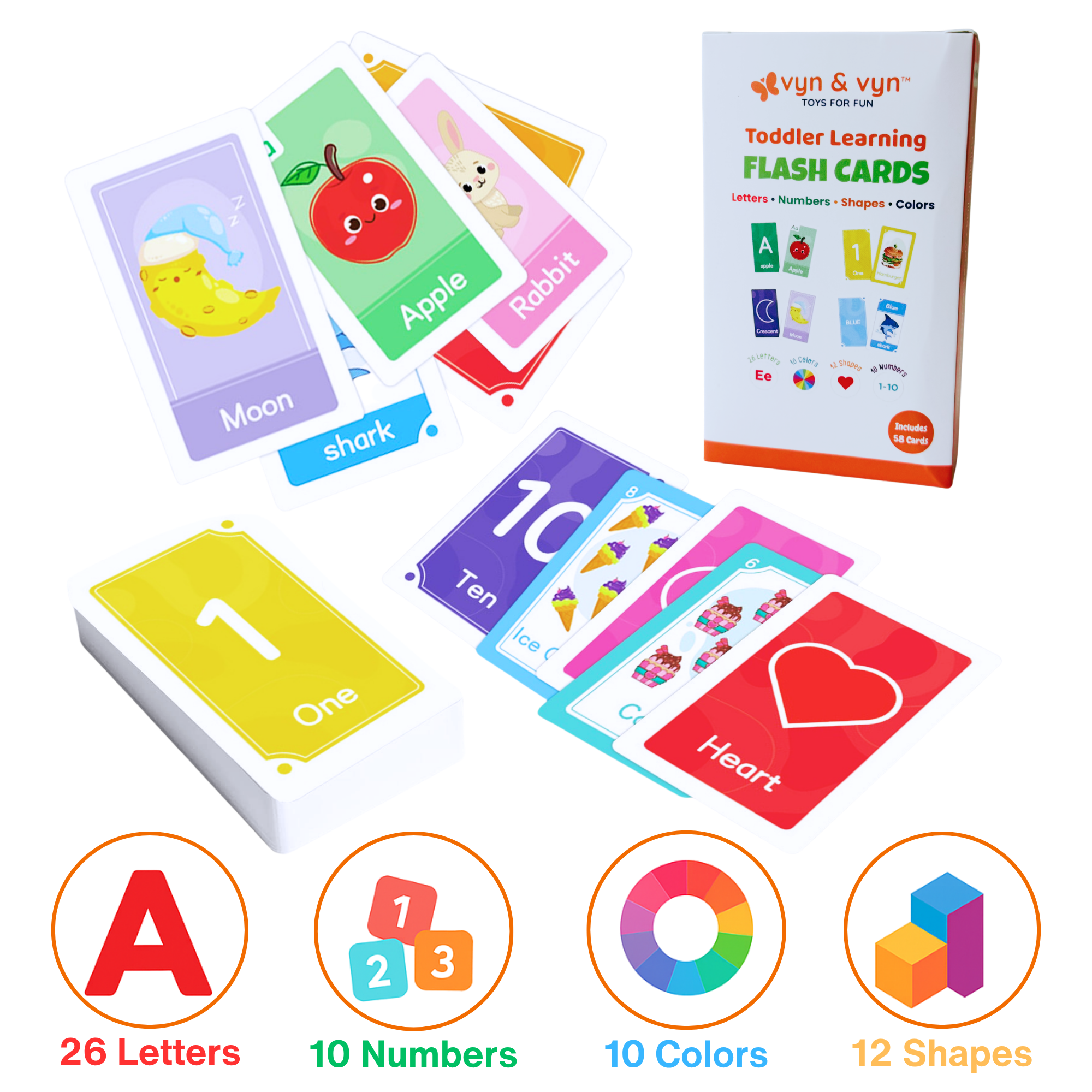 Toddler Learning Flash Cards (Letters, Numbers, Shapes & Colors, 58 Cards Set)